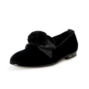 Dolce & Gabbana Black Velvet Flats with Glitter Bow